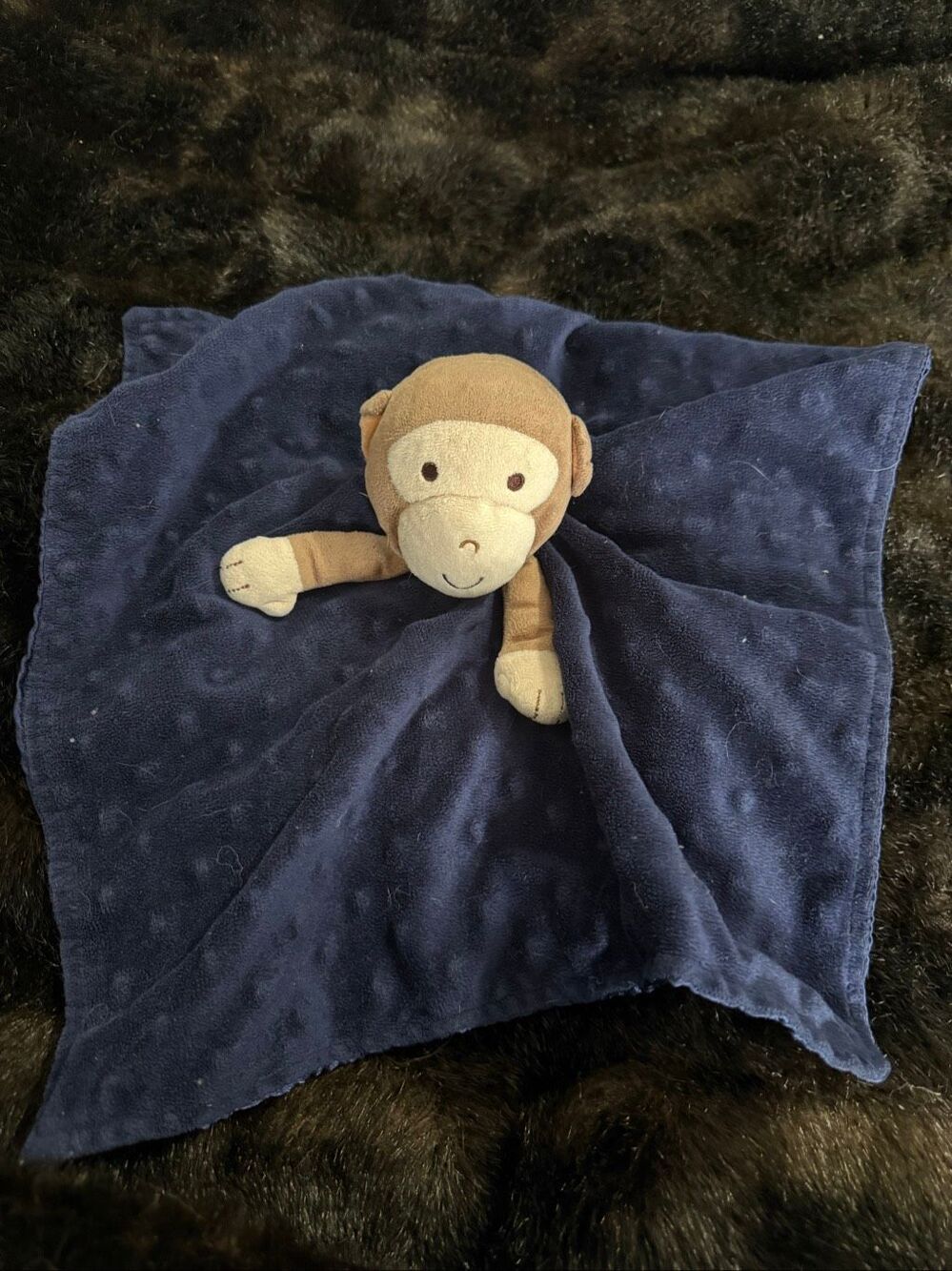 Security Blanket Okie Dokie Navy Blue Brown MONKEY Rattle Lovey Minky Dots Plush